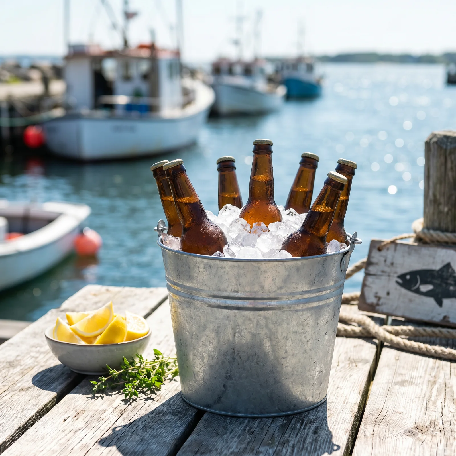 A bucket of cold beers on ice