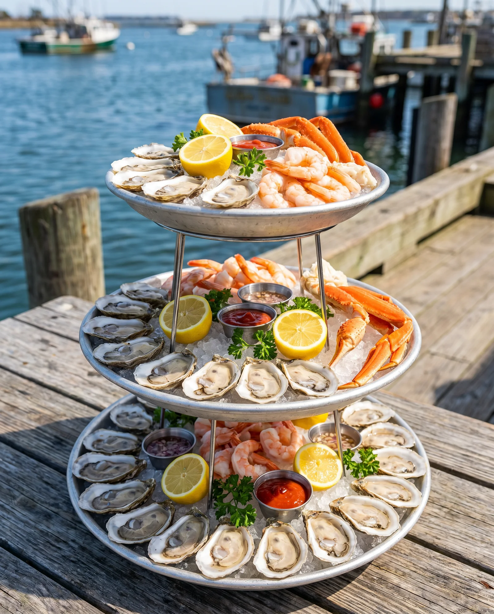 A raw bar seafood tower on crushed ice