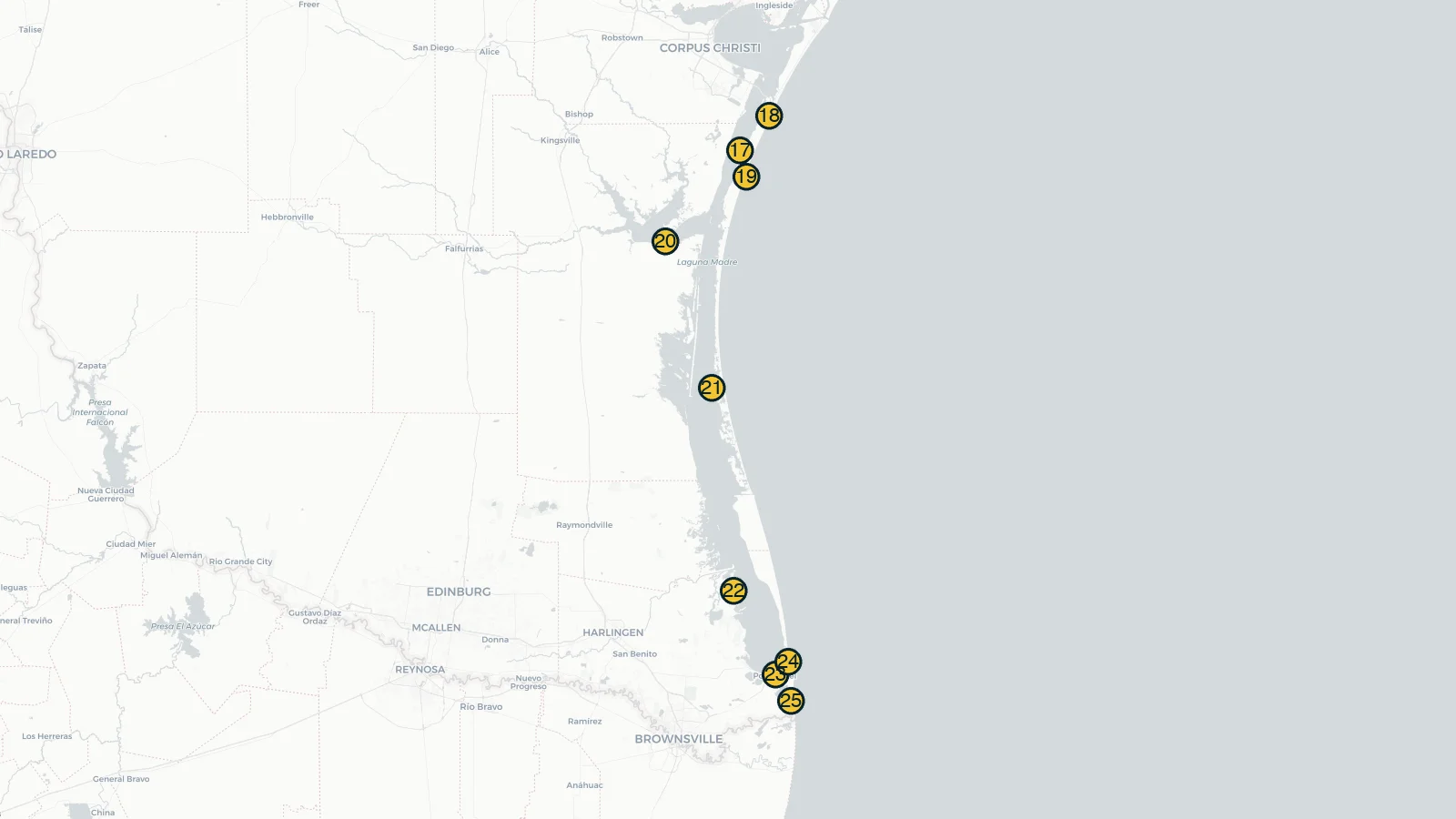 Map of Lower Texas Coast showing spots 17 through 25 from Corpus Christi Bay to Boca Chica