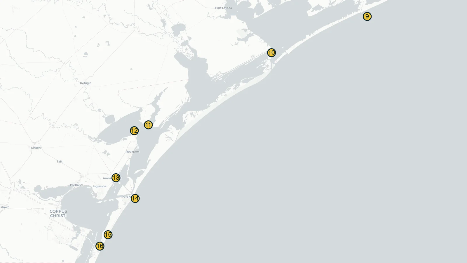Map of Middle Texas Coast showing spots 9 through 16 from Matagorda Bay to Packery Channel