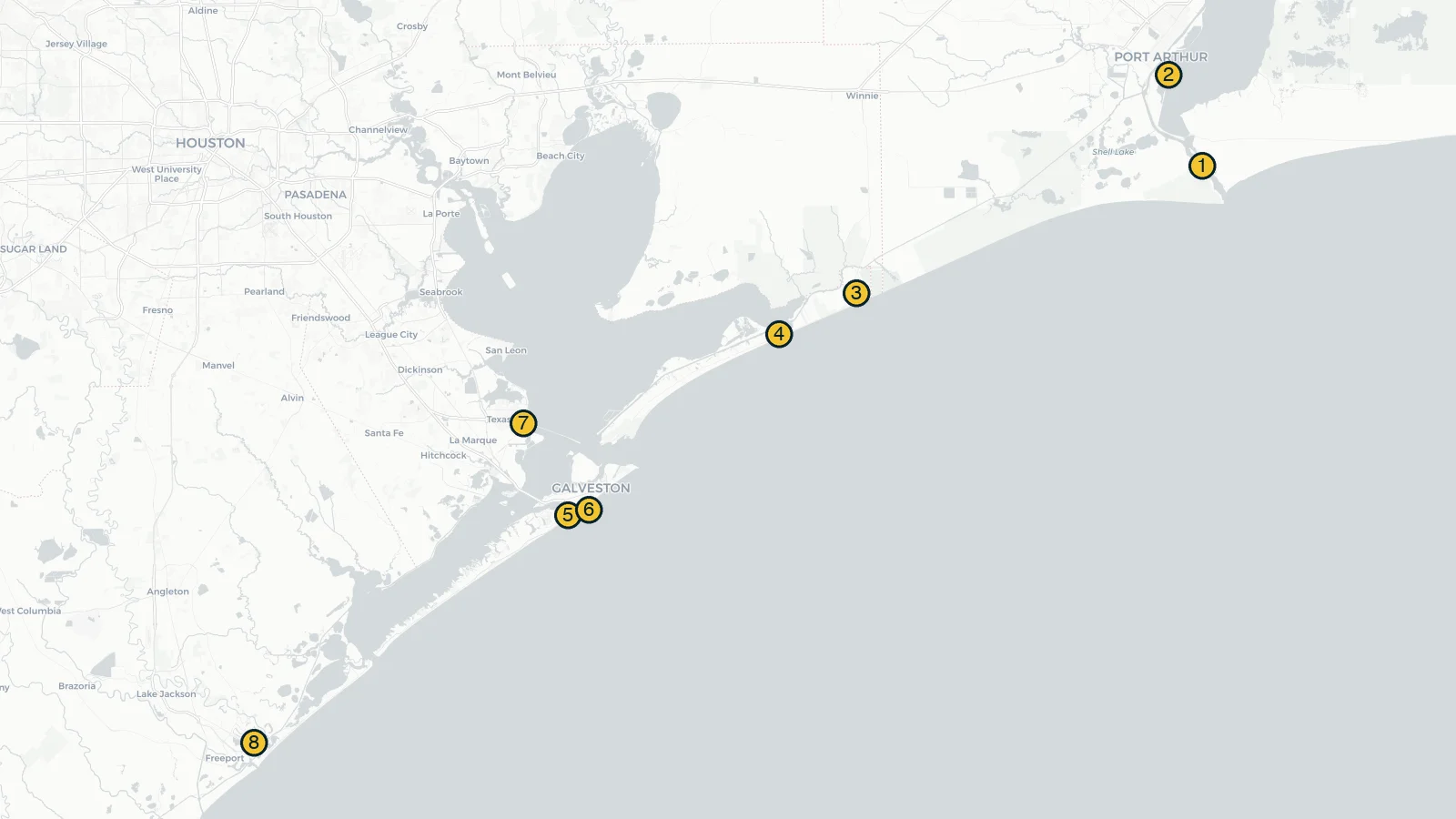 Map of Upper Texas Coast showing spots 1 through 8 from Sabine Pass to Surfside